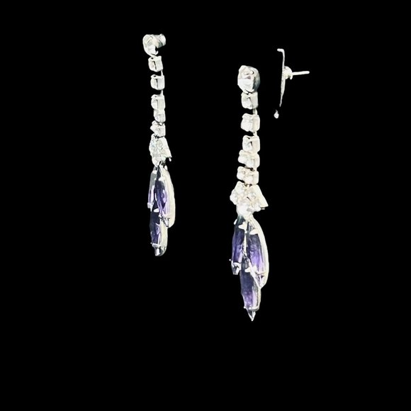 Vintage Silver Tone With Purple And Clear Glass Rhinestones Pierced Earrings - Picture 6 of 7
